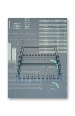 Displaying wireframe schematic in center of virtual dashboard, with bar charts, tables and % gauges