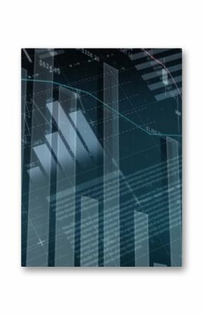 Dashboard showing bar charts and line graph in digital interface, numeric labels and gauge charts