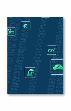 Floating green icons showing faucet euro CO? bar chart plug hand drop climber on digital dashboard