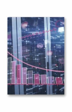 Displaying red-pink bar chart over server racks at data center with blinking LEDs, virus icons