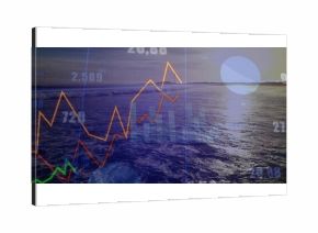 Displaying ocean horizon at sunset, overlaying colorful line charts bar charts labels pie chart
