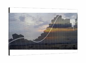 Overlaying blocky bar chart silhouette and data codes over waves at dusk, with ascending line graph