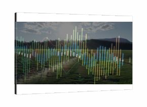 Displaying translucent data overlay covering rural farmland, with vertical bar and line graphs