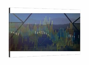 Displaying multicolored bar candlestick line chart over grassy plain grid overlay with tower beams