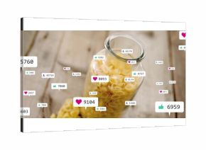 Featuring transparent jar of shell pasta on wood kitchen table, with floating notification icons