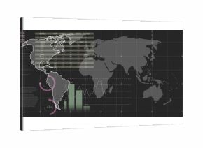 Financial dashboard displaying on dark screen, with ring charts, bar and line graphs over world map