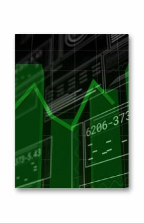Showing green 3D bar chart overlaying line graph on dashboard with gridlines, panels and readouts