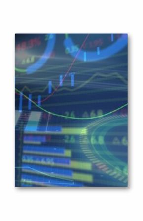 Overlaying trading UI showing candlesticks, line charts, bar charts, radial gauges, numeric labels