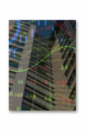Displaying high-rise facade in financial district, showing line graphs, bar charts and indicators