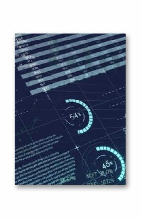 Displaying data dashboard showing bar or line charts, gauges indicating 54%, 46%, tables on screen