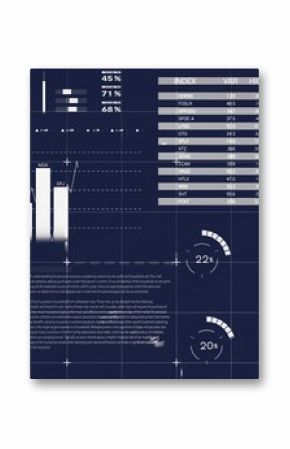 Displaying dashboard showing bar charts line graphs radial gauges tabular grid on dark blue display