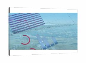Displaying 3D bar chart floating on sea, with financial index table, gauges, line graphs, gridlines