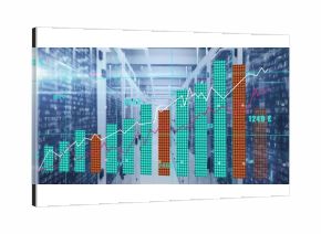 Displaying colored bar chart rising across data center corridor, with server racks, code streams