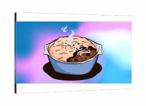 Showcasing round blue casserole dish steaming on pastel backdrop, with golden crumb topping
