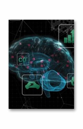 Floating holographic brain model pulsing in data space, with CO2, lightning and bar chart icons