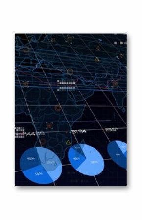 Displaying data overlaying world map on dashboard with pie and ring charts, bar chart, markers