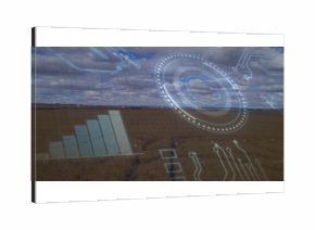 Showing holographic interface overlay in farmland field, with bar chart, radar HUD and data nodes