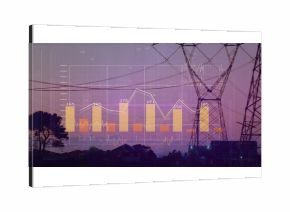 High-voltage tower standing against dusk in suburb, with bar chart, line graph overlay, copy space