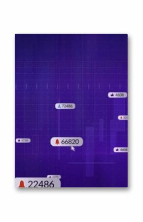 Floating bell-icon badge showing 66820 hovering over purple gradient grid, with vertical bar chart