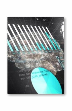 Floating 3D brain rotating in digital interface, with bar and line charts, pie chart, world map