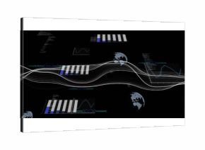 Flowing dotted wave in interface featuring bar charts line graph panels code snippets, globe icons