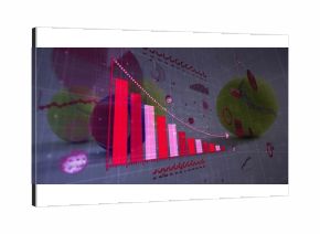 Red-pink 3D bar chart descending with white-dotted arrow in data interface, with viral spheres