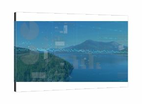 Displaying line graph and bar charts overlaying rocky peninsula at lakeshore with pie charts