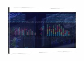 Displaying dark-themed dashboard in software interface, with data panels and bar and line charts