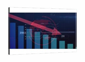 Displaying bar chart with globe map on dashboard, descending red arrow over labels 2003 and 20