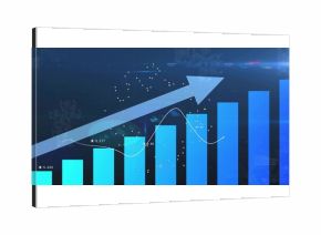 Displaying upward-trending bar chart on digital dashboard, with line graph data labels and arrow