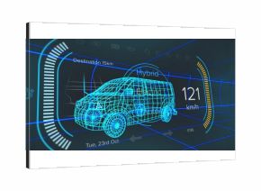 Showing wireframe van cruising in grid, with HUD power bar, speedometer, modes and destination or ti