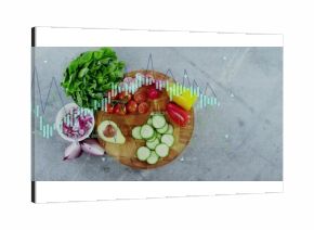 Featuring wooden cutting board holding fresh vegetables on gray countertop, with chart overlays
