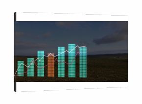 Displaying data chart overlay tracing trends over scrubland plain, with bar charts and line graphs