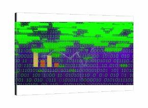 Displaying line graph and colored bar chart in abstract dashboard, with green binary code overlay