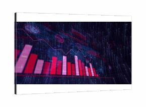 Red and pink vertical bar chart floating in virtual grid environment, with data points and nodes