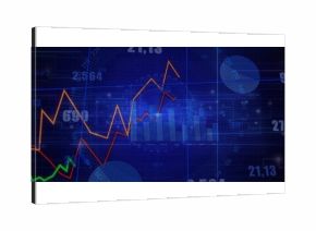 Displaying chart on blue grid with bar graph, orange, red and green lines, numeric labels, circles