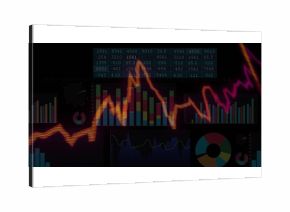 Displaying dark-themed financial dashboard on monitor, showing orange line graph with bar charts