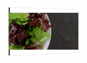 Displaying white ceramic bowl holding fresh assorted lettuce leaves on textured stone countertop
