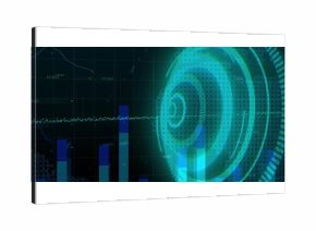 Showing glowing concentric circular interface pulsing on digital panel, with bar chart columns