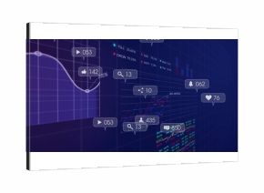 Displaying data dashboard showing line graphs, bar charts and social icons on dark blue grid UI
