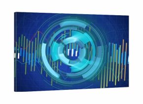 Circular holographic display rotating in data grid with ring segments, bar charts and line graphs