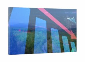 Overlaying translucent blue bar chart with red downward arrow on wooded hill, grid lines and data