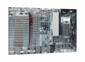 Overlaying financial data on downtown skyline, with bar charts, line graphs, and numeric labels