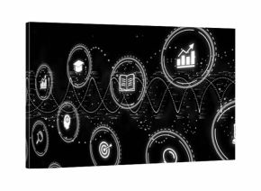 Displaying glowing white bar chart icon on data field with dotted wave connectors, copy space