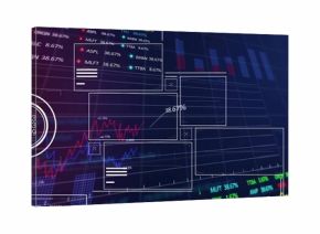 Displaying translucent panels showing line charts and bar charts in trading UI, with percent labels