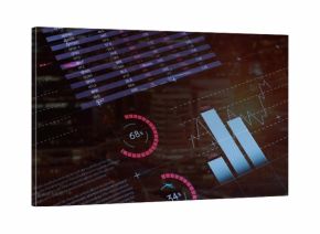 Displaying dashboard over office window at dusk, with table of indices, bar charts, gauges