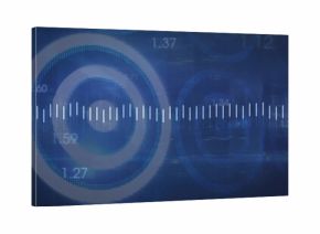 Displaying white bar with ticks spanning dark blue interface, with circle overlays, numeric labels