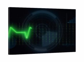 Pulsing neon-green waveform scanning digital grid panel, with circular HUD rings and blue bar chart