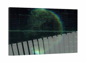 Displaying central point-cloud globe on interface with numeric overlay, waveform, bar chart