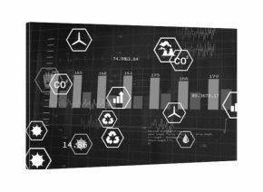Presenting dashboard displaying environmental metrics on grid, with bar chart and hexagonal icons